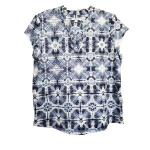 Chico's Medallion Tie-Dye Print Cap Sleeve Split Neck Top Size 1 Medium